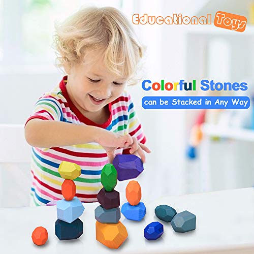 Juguetes de Apilamiento de Madera Piedras de Madera de Colores Equilibrio y Ordenar Montessori niños Juguete Educativo Bloques Construcción Madera Juego (16pcs)