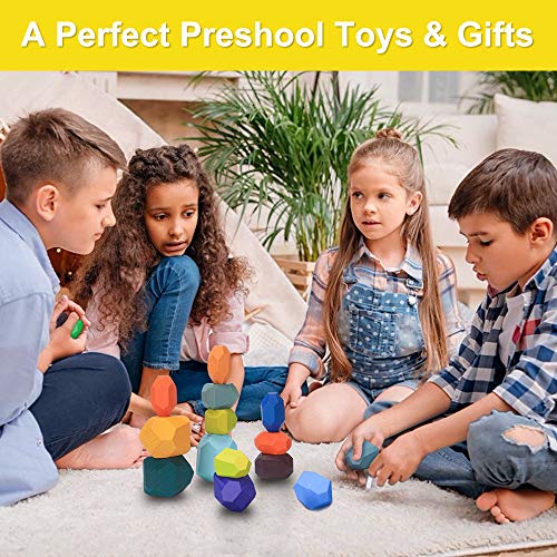 Juguetes de Apilamiento de Madera Piedras de Madera de Colores Equilibrio y Ordenar Montessori niños Juguete Educativo Bloques Construcción Madera Juego (16pcs)