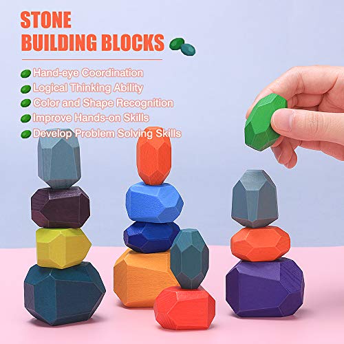 Juguetes de Apilamiento de Madera Piedras de Madera de Colores Equilibrio y Ordenar Montessori niños Juguete Educativo Bloques Construcción Madera Juego (16pcs)