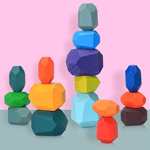 Juguetes de Apilamiento de Madera Piedras de Madera de Colores Equilibrio y Ordenar Montessori niños Juguete Educativo Bloques Construcción Madera Juego (16pcs)