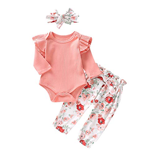 Julhold - Body para bebé con diseño de volantes de algodón sólido y pantalones florales y diadema para bebés de 0 a 18 meses