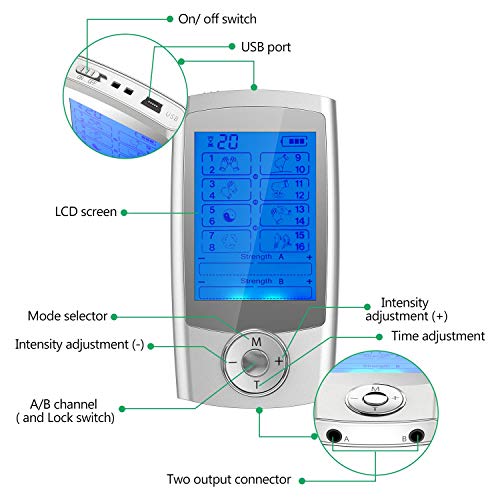 JUMPER Máquina de decenas de doble canal, dispositivo de terapia recargable para el manejo del dolor con 16 modos de dolor, 20 niveles de intensidad para 2 usuarios (plata)