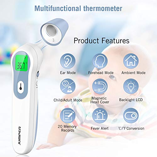 JUMPER Medical termómetro de frente Termómetro digital infrarrojo con lectura precisa Alarma de fiebre para recuerdos de bebés, termómetro de oído para bebés y adultos (Azul)