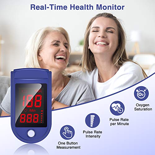 JUMPER Oxímetro de Pulso con Pantalla Grande Para Medir SpO2, índice de Perfusión y Frecuencia de Pulso en el Dedo, con Estuche, Baterías y Cordón (Azul)
