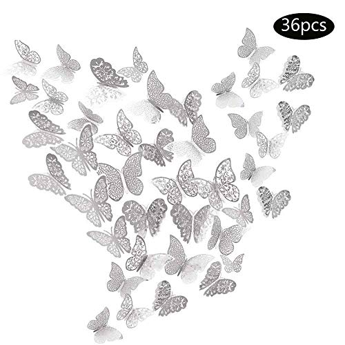 JUN-H 36 piezas Adhesivos de Decoraciones de Mariposas en 3D Adhesivos de Arte de Pared de Bricolaje Decoración Para Calcomanías Para el Hogar Murales de Papel Decorativo (Estilo Plateado)