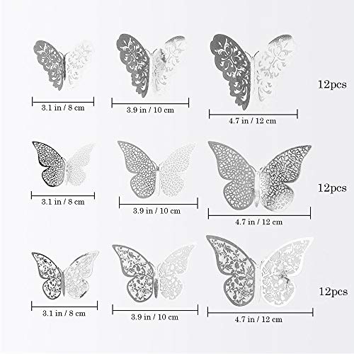 JUN-H 36 piezas Adhesivos de Decoraciones de Mariposas en 3D Adhesivos de Arte de Pared de Bricolaje Decoración Para Calcomanías Para el Hogar Murales de Papel Decorativo (Estilo Plateado)