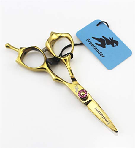 JUSEN Peluquería Tijeras de Peluquero, de 4,0 Pulgadas Plana de Acero Inoxidable Tijeras del Corte, Bangs Tijeras, Tijeras de Corte de la ceja - con Fino de tensión Ajustable Tornillo (Oro)