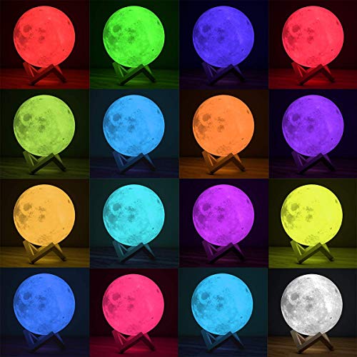 Justech Lámpara de Luna en 3D 15cm Control Remoto y Control Táctil 16 Colores 4 Modos RGB Luz Nocturna Luna LED con Soporte de Madera Carga USB para la Decoración del Dormitorio Regalo para Navidad