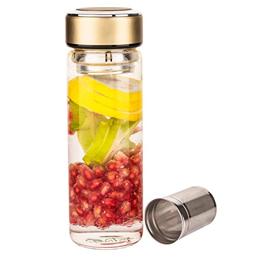 Justfwater Deportes Botella de Cristal de Vidrio con Infusor de Frutas,Con Filtro Colador para Té, con Funda, Jarra de Café
