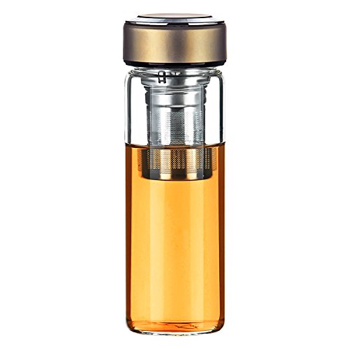 Justfwater Deportes Botella de Cristal de Vidrio con Infusor de Frutas,Con Filtro Colador para Té, con Funda, Jarra de Café
