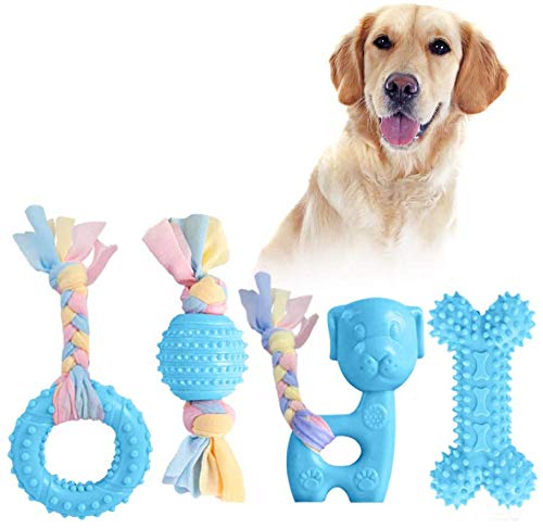JYPS Puppy Chew Toys, 4pcs Juego de Juguete para la dentición del Perro con Bolas y Cuerdas de algodón Regalo Interactivo de Juguetes para Mascotas para Cachorros pequeños y Perros medianos (Azul)