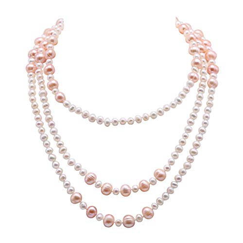 JYX Fine 6-10 mm blanco rosa cerca redondo perla de agua dulce collar largo 58"