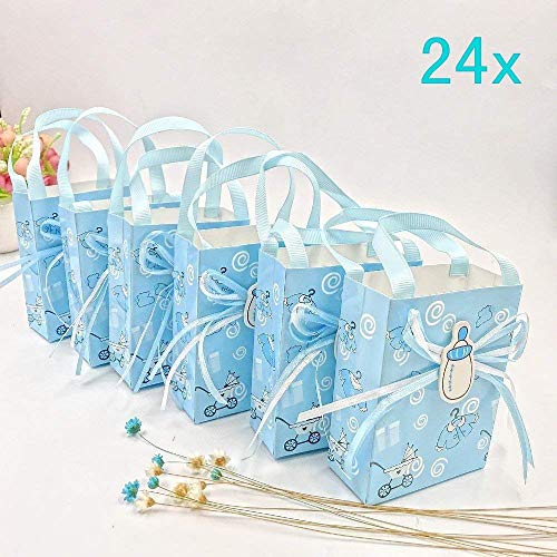 JZK 24 x Azul Baby Shower Bolsa Favor niño Bolsa Dulce Mini Fiesta Bolsa Papel para bebé niño Fiesta cumpleaños Bautizo Bautismo Fiesta recién Nacida