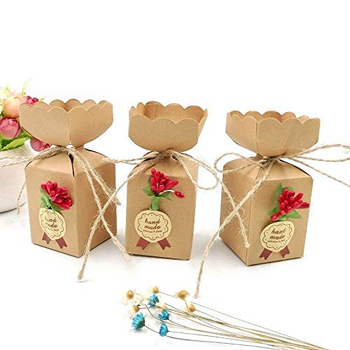 JZK 50 Cajas favor Kraft con línea yute + flores + pegatinas, caja dulces caramelos papel para boda cumpleaños navidad baby shower fiesta graduación