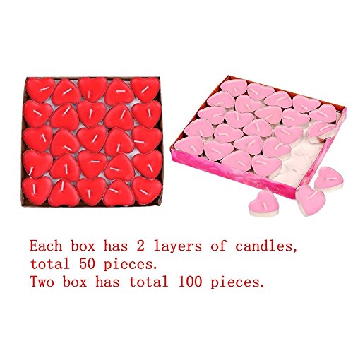 JZK 50 Rojo + 50 Rosa Velas Románticas de Corazón de Amor Para Decoración de Mesa de Boda, Día de San Valentín, Aniversario