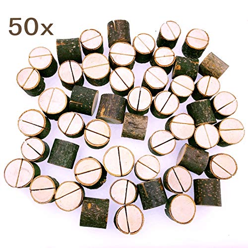 JZK 50 x Soportes tocón madera decoración número de mesa sostenedor foto nombre tarjeta memorándum para boda de tema rústico navidad cumpleaños jardín fiesta de barbacoa