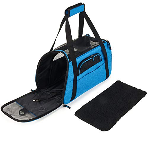 Kaka mall Transportín Perro Gato Transpirable Plegable Pet Carrier Impermeable Bolso de Hombro Acolchado Suave Viaje Avion Tren o Auto por Pequeños Mascota (Azul, S)