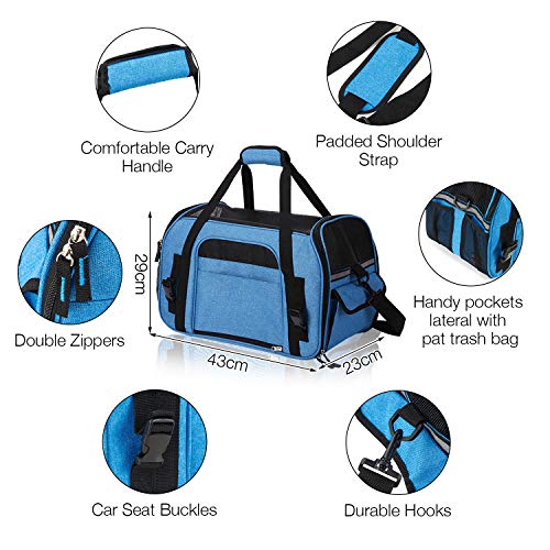 Kaka mall Transportín Perro Gato Transpirable Plegable Pet Carrier Impermeable Bolso de Hombro Acolchado Suave Viaje Avion Tren o Auto por Pequeños Mascota (Azul, S)