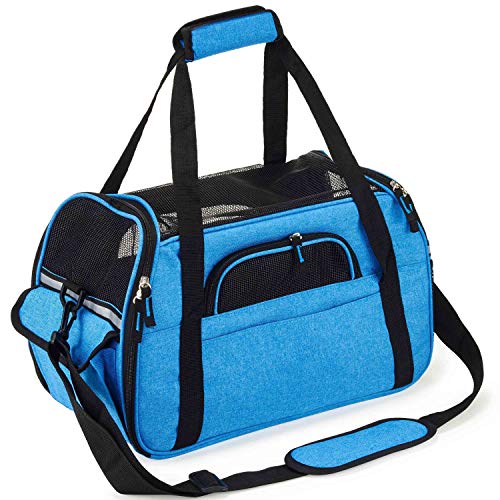 Kaka mall Transportín Perro Gato Transpirable Plegable Pet Carrier Impermeable Bolso de Hombro Acolchado Suave Viaje Avion Tren o Auto por Pequeños Mascota (Azul, S)