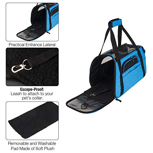 Kaka mall Transportín Perro Gato Transpirable Plegable Pet Carrier Impermeable Bolso de Hombro Acolchado Suave Viaje Avion Tren o Auto por Pequeños Mascota (Azul, S)