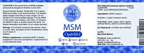 Kala Health - OptiMSM® Destilación de etapas multiples MSM Polvo en polvo (cristales) 250 g, azufre orgánico puro para articulaciones, piel, cabello y uñas - SIN ADITIVOS - 100% vegano
