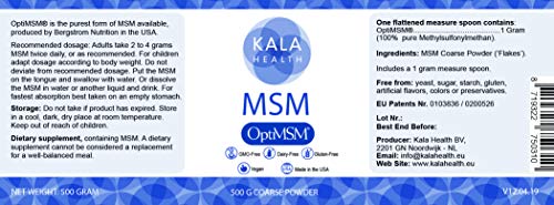 Kala Health - OptiMSM® Destilación de etapas multiples MSM Polvo en polvo (cristales) 500 g, azufre orgánico puro para articulaciones, piel, cabello y uñas - SIN ADITIVOS - 100% vegano