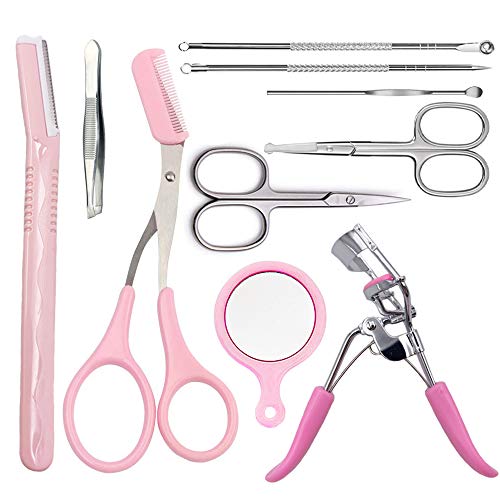 Kalolary 10pcs Kits de afeitado de aseo de cejas Maquinilla de afeitar de cejas Recortadores Curling Rizador de pestañas Tijeras Herramienta cosmética Damas - Kit Perfecto dar Forma a las Cejas