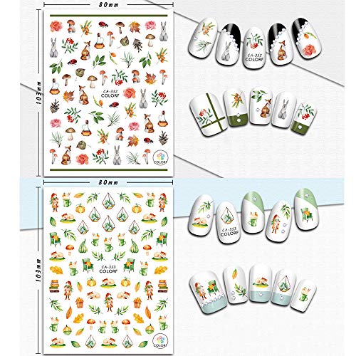 Kalolary 12 hojas Caída del otoño Pequeñas Pegatinas Uñas 3D Nail Art Stickers Pegatina uñas Calcomanías autoadherentes Nail Art Decoración DIY Etiqueta