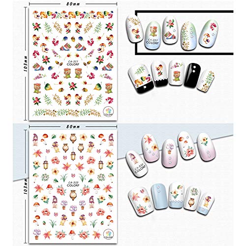 Kalolary 12 hojas Caída del otoño Pequeñas Pegatinas Uñas 3D Nail Art Stickers Pegatina uñas Calcomanías autoadherentes Nail Art Decoración DIY Etiqueta