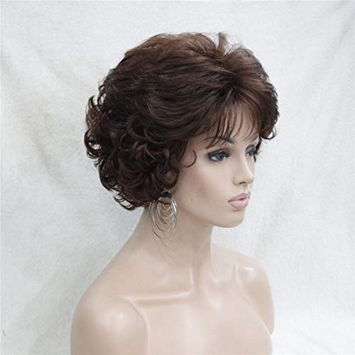 Kalyss Peluca de pelo corto rizado ondulado con flequillo 100% importado Premium sintético de moda marrón Pelucas para mujeres
