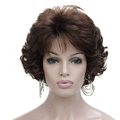 Kalyss Peluca de pelo corto rizado ondulado con flequillo 100% importado Premium sintético de moda marrón Pelucas para mujeres