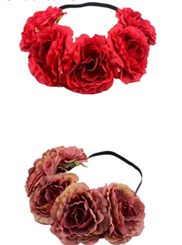 Kanggest 1 Piezas Diadema de Flores Mujer Venda de Pelo Alta Elasticidad Cinta de Pelo Banda Para la Cabeza Para Adornos Para el Pelo Boda(Vino Tinto)