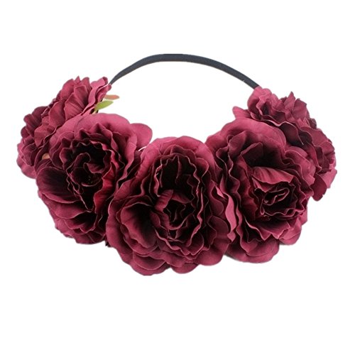 Kanggest 1 Piezas Diadema de Flores Mujer Venda de Pelo Alta Elasticidad Cinta de Pelo Banda Para la Cabeza Para Adornos Para el Pelo Boda(Vino Tinto)