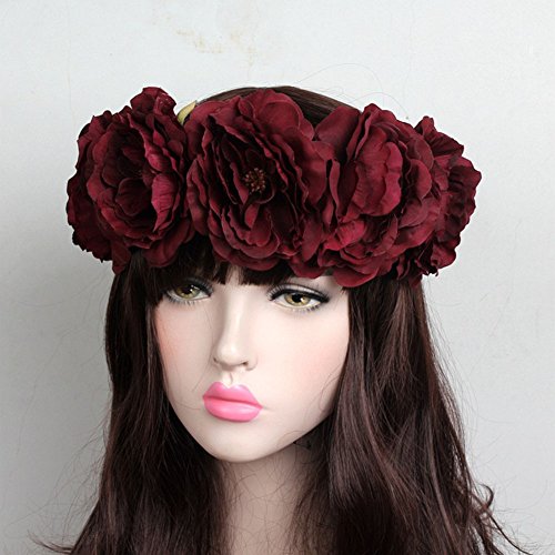 Kanggest 1 Piezas Diadema de Flores Mujer Venda de Pelo Alta Elasticidad Cinta de Pelo Banda Para la Cabeza Para Adornos Para el Pelo Boda(Vino Tinto)