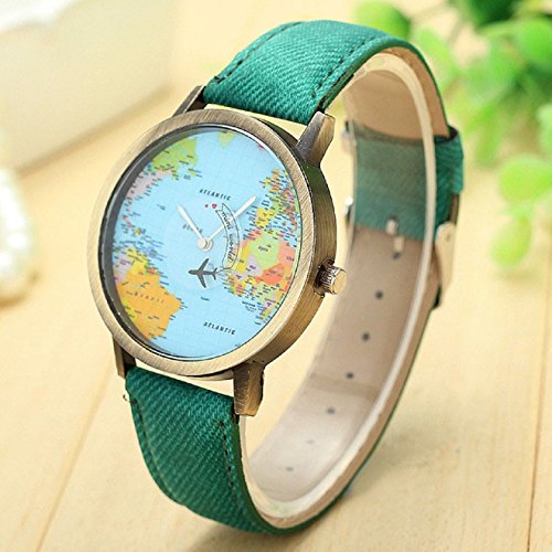 KanLin Mujer Reloj de Casual, Banda de Tela de Denim, Global Fly Mapa marcar (Verde)