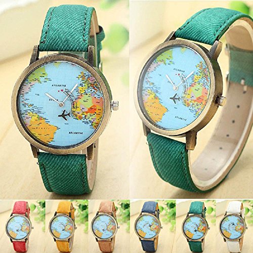 KanLin Mujer Reloj de Casual, Banda de Tela de Denim, Global Fly Mapa marcar (Verde)