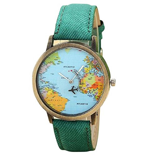 KanLin Mujer Reloj de Casual, Banda de Tela de Denim, Global Fly Mapa marcar (Verde)
