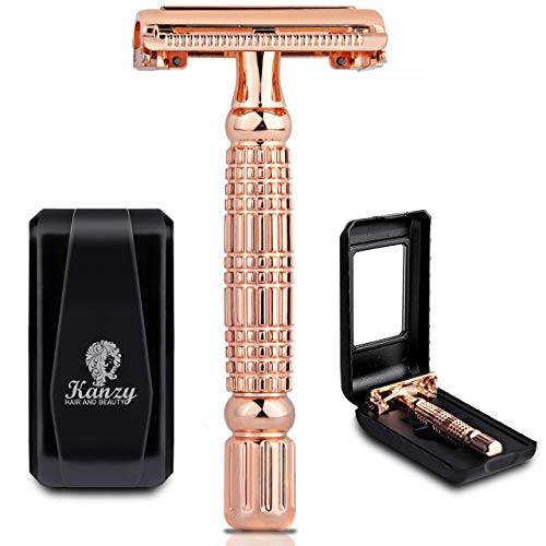 Kanzy Maquinilla de Afeitar de Doble filo Clásica Butterfly para Hombre y Mujer Set de Afeitado con Espejo Integrado Adecuado para Todos Cuchilla de Afeitar Clasica - Rosegold