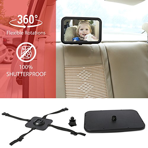 Karids Espejo Bebe Coche - Retrovisor Irrompible para la vigilancia de tu bebe en la parte interior del coche - Accesorio seguro con doble correa para asegurar - Color Negro - Panoramico 360°