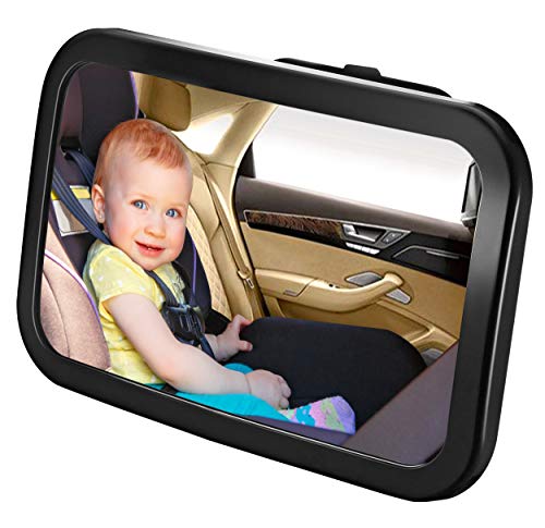 Karids Espejo Bebe Coche - Retrovisor Irrompible para la vigilancia de tu bebe en la parte interior del coche - Accesorio seguro con doble correa para asegurar - Color Negro - Panoramico 360°