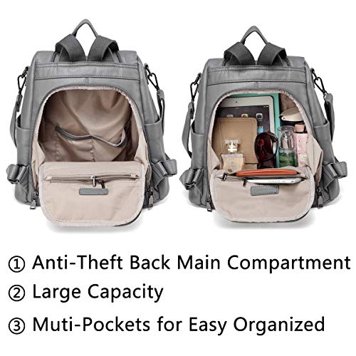 Kasgo Bolso Mochila Mujer, Anti-robo Mochilas Escolar de Casual Impermeable Bolsos Mochila Cuero de Imitación Gran Capacidad Bolsa de Hombro para Chicas Adolescente de Trabajo Viajes Compras Gris