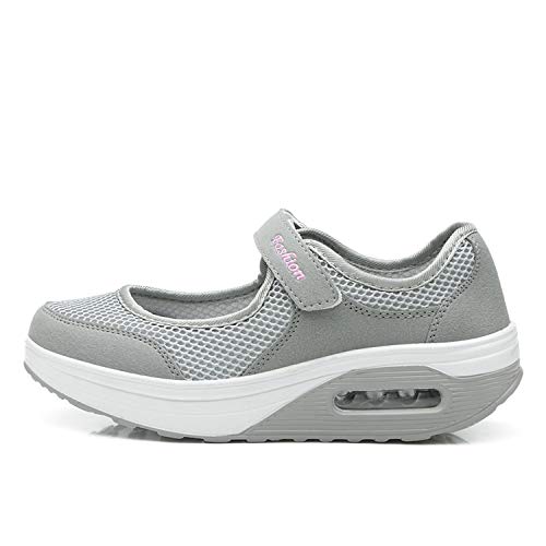 Kauson Mujer Adelgazar Zapatillas de Deporte Cuña Zapatos para Correr Plataforma Sneakers con Cordones Calzado de Malla Air Tacón 5cm Negro Negro Rojo Gris 35-42