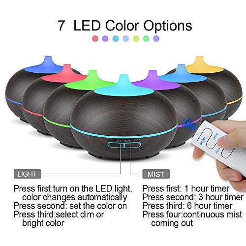 KBAYBO 550ml Control remoto Difusor de aroma 7 colores Difusor de aromaterapia Ultrasonidos Humidificador de vapor frío para oficina (USB) (Grano de madera oscura)