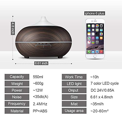 KBAYBO 550ml Control remoto Difusor de aroma 7 colores Difusor de aromaterapia Ultrasonidos Humidificador de vapor frío para oficina (USB) (Grano de madera oscura)