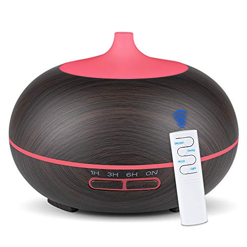 KBAYBO 550ml Control remoto Difusor de aroma 7 colores Difusor de aromaterapia Ultrasonidos Humidificador de vapor frío para oficina (USB) (Grano de madera oscura)