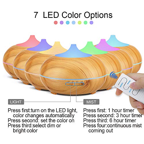 KBAYBO 550ml Control remoto Difusor de aroma 7 colores Difusor de aromaterapia Ultrasonidos Humidificador de vapor frío para oficina (USB) (Grano de madera ligero)
