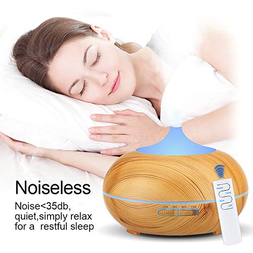 KBAYBO 550ml Control remoto Difusor de aroma 7 colores Difusor de aromaterapia Ultrasonidos Humidificador de vapor frío para oficina (USB) (Grano de madera ligero)