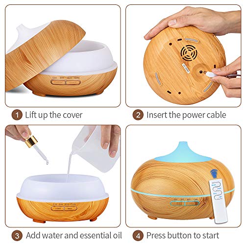 KBAYBO 550ml Control remoto Difusor de aroma 7 colores Difusor de aromaterapia Ultrasonidos Humidificador de vapor frío para oficina (USB) (Grano de madera ligero)