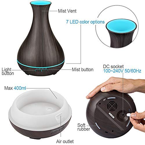 KBAYBO Difusor de Aroma de 550 ml, difusor de aceites Esenciales, humidificador de Aire ultrasónico con Grano de Madera, luz Nocturna LED de 7 Colores para Oficina, hogar, SPA, Yoga