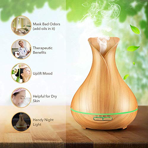 KBAYBO Newkbo Difusor de Aroma 400ml Humidificador Ultrasónica Aromaterapia Difusor de Aceites Esenciales Bastante Silencioso Auto-Apaga 8-Color LED Ajuste de Vapor Fuerte y Débil Dark Wood
